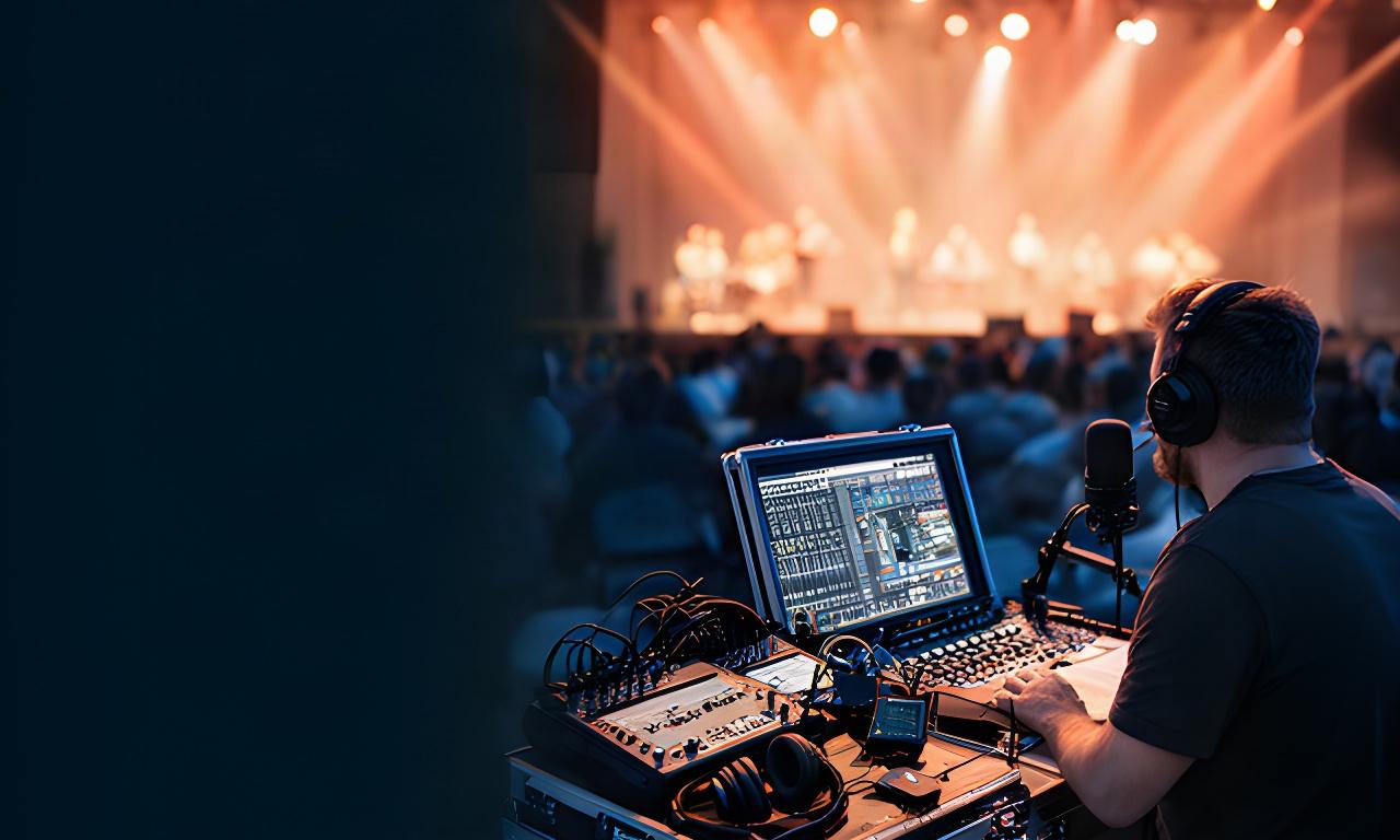 Geluidsregisseur met mobiele podcastapparatuur naast een verlicht podium tijdens een conferentie