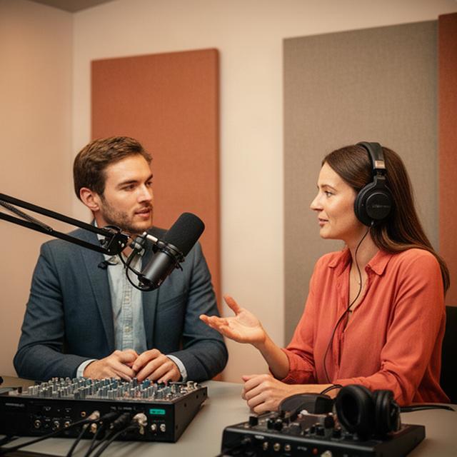 Geluidsregisseur en vakexpert bespreken een opname in een rustige podcaststudio nabij Amsterdam