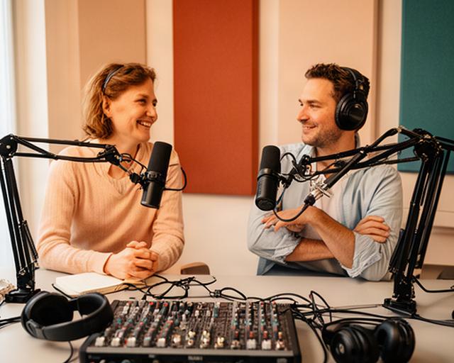 Twee podcastprofessionals ontspannen in een studio in Landsmeer tussen microfoons, mengpaneel en akoestische panelen